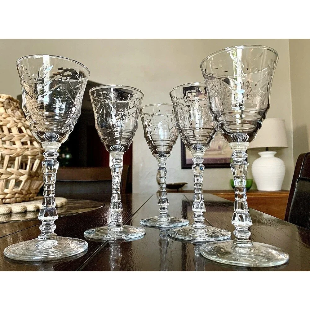 Vtg Libbey Rock Sharpe Artic Rose Crystal Water Goblets Set 5 Grandmillennial